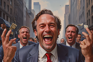 Picture of greedy men laughing evilly in front of a table loaded with money.