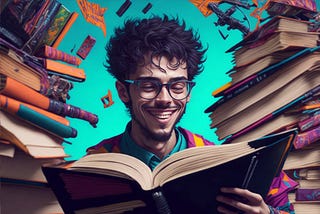 An AI image generated with the prompt “A young man happily reading multiple books while multi-tasking with extra pairs of arms, creative, artistic, slightly psychedelic, zoomed out, 8k”