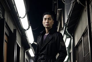 A mixed-race man in a black trenchcoat, standing in a rainy alley in a large city of the distant future.