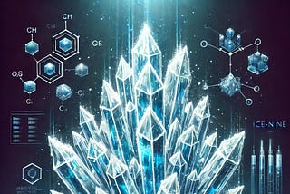 a blue shaded image of crystals in the center and molecular formulas in the background
