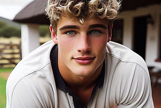 A close-up of an 18-year-old blond,  good-looking guy  with blue eyes looking at someone across a fence.