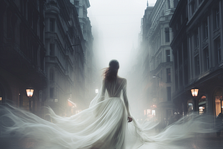 A woman in a white dress walking down on a foggy street.