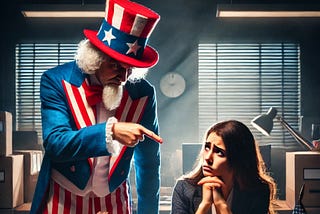 Picture of Uncle Sam firing a poor federal employee. She’s dejected and looking at him with despair.