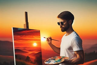 SGT Hernandez, a blind Veteran is painting a brilliant sunrise on canvas.