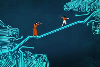 Two glowing circuit boards are connected by one pathway across a yawning gulf. A woman in a red dress stands at one of end of this bridge with her arms out, while a woman with a ponytail runs toward her from the other end.