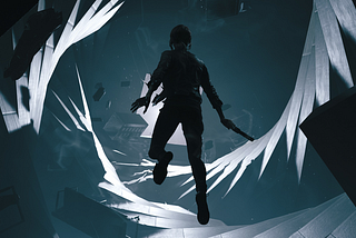 Artwork of the game Control from Remedy Studios. The main heroine flying through a supernatural corridor.