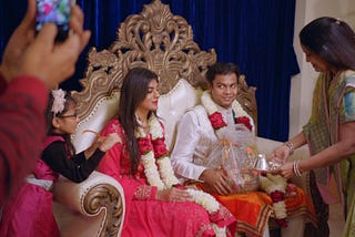 A screenshot of Radhika and Akshay during their engagement ceremony from the Netflix show “Indian Matchmaking.”