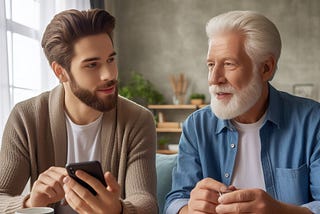 A father and son are sitting at a table talking over some snacks.