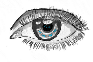 Black-and-white ketch of an eye with long lashes; tiny blue pills on the iris and a drug molecule on the pupil are the only source of color.