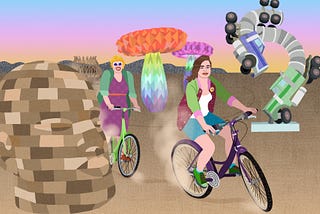 Illustration of author as a teenager riding bikes with her mom at Burning Man