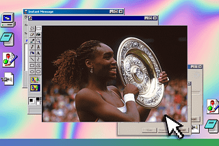 Venus Williams holding her Wimbledon trophy in 2000 on a Windows 95 desktop with a rainbow gradient background.