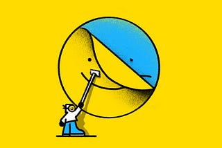 An illustration of a character wall-papering a yellow happy face decal over a blue sad face icon.