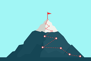 Illustration of a mountain with a red flag at its peak and a red dotted zigzag up its face, representing a trail.