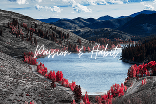 Mountain landscape with a small lake in the middle, bordered by a road and beautiful trees. Text overlay is “Passion & Habit”
