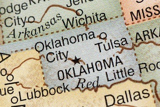 A close-up photo of Oklahoma on a map of the United States.