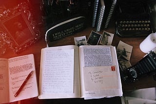 A desk with 2 notebooks, a framed photo, a typewriter, and a pencil bag. The photo has some light leak and looks vintage.