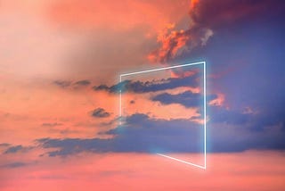 A photo of poetic neon square light against a sunset sky.