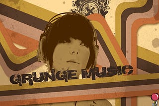 Artsy “grunge music” poster with woman wearing headphones featured.