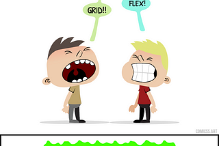 Comic with 5 panels showing two kids who start to fight yelling at each other ‘display:grid’ and ‘display:flex’. Their angry mother stops them by saying ‘animation: none !important’, and the separates them by saying ‘justify-content: space-between !important’