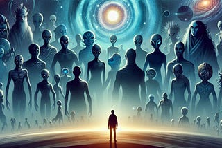 a small man looking at several gigantic aliens looking down on him