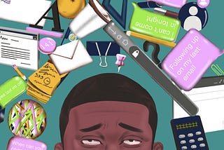 Illustration of an African American man looking up worried, as wor kreminders like emails, texts, and messages surround him.