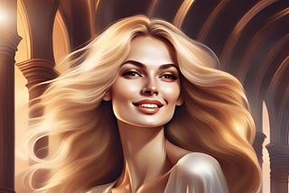 A beautiful woman with blonde hair and brown eyes wears a white dress. She walks in a castle. She is smiling.