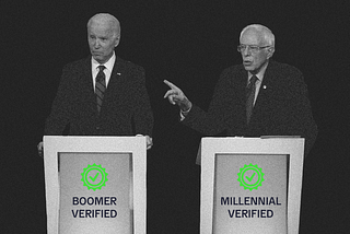 Joe Biden and Bernie Sanders at separate podiums that say “Boomer Verified” and “Millennial Verified” respectively.