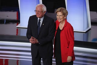 Democratic presidential candidates Senator Bernie Sanders and Senator Elizabeth Warren take stage at the Democratic Debates.