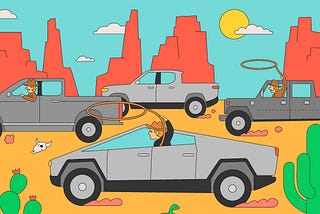 An illustration of cowboy characters with lassos driving Tesla Cybertrucks.
