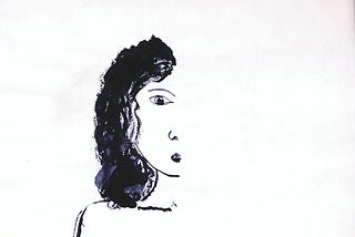 Black and white watercolor painting showing half a body of a young woman.