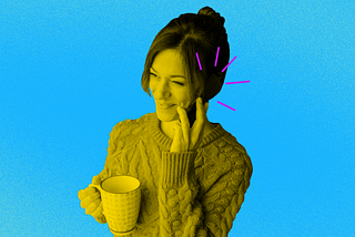 A photo illustration of a smiling woman on a phone call while holding a cup.