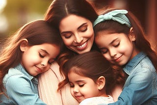 A mother is surrounded by her children, three young girls, in a group hug.