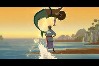 A screenshot from the game depicting a Sea People person jumping up from the water showing off his fin, while Bancho are standing on the beach in the background with his back turned gazing at the horizon.