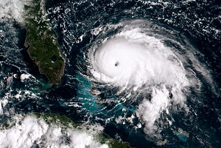 A NOAA GOES-East satellite handout image of Hurricane Dorian (Cat. 5 storm) tracking towards the Florida taken Sept 1, 2019.