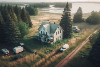 A serene rural landscape featuring an old two-story house surrounded by lush green trees, with a dirt road leading up to the property. The scene includes a calm lake in the background, several vehicles parked near the house, and a vast expanse of grassy fields under a soft golden sunrise or sunset light.