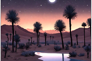Desert oasis in the moonlight
