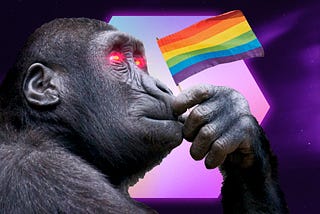 A digital collage of an ape with laser eyes holding a rainbow flag against a glowing pink hexagon atop a spacey sky.