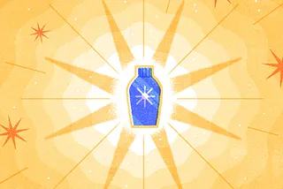 An illustration of a generic blue bottle with a “sun” shaped icon, set against a bright yellow background, centered on the shape of a sun.