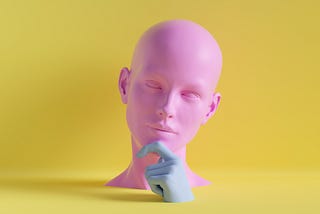 A 3D render of a human face with a finger on its chin, contemplative pose.