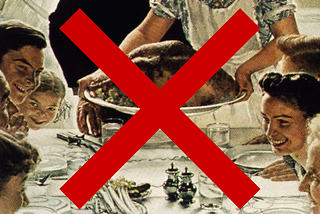 Cropped version of a Norman Rockwell painting of a family Thanksgiving dinner. A red X is drawn over the image.
