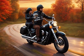 Two people ride a black motorcycle down a rustic Midwest country road at sunset.