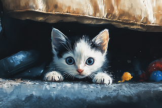 Adorable black and white kitten with big blue eyes peeks out from beneath furniture, surrounded by colorful toys. Perfect image for pet lovers and cat-themed content.