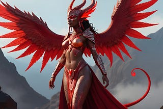 a goddess, tall and beautiful and commanding, with red scales for skin, flaming headress
