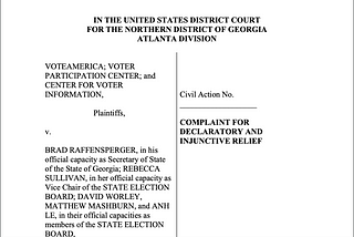 The first page of the lawsuit VoteAmerica filed against the State of Georgia.
