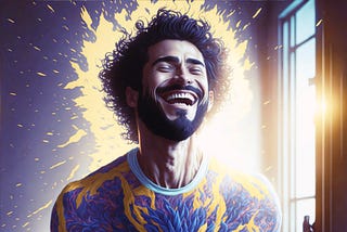 An AI-generated image of a man radiating vibrant energy and calm after his morning routine