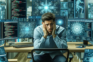 A software programmer sitting worried about AI at their desk