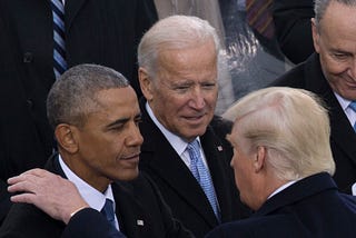 Why Trump 2.0 is more popular than Trump 1.0? Because Trump is now succeeding Joe Biden rather than Barack Obama. Above: President Donald Trump shakes hands with the 44th President of the United States, Barack Obama, during the 58th Presidential Inauguration at the U.S. Capitol Building, Washington, D.C., Jan. 20, 2017. Photo by U.S. Marine Corps Lance Cpl. Cristian L. Ricardo via Wikimedia Commons.