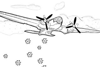 An illustration of a vintage-style plane with propellers flying through the clouds, with large coronavirus cells being “dropped” from the plane.