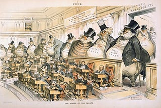 A cartoon by Joseph Keppler, first published in 1889 depicting oligarchs dominating the U.S. Senate.