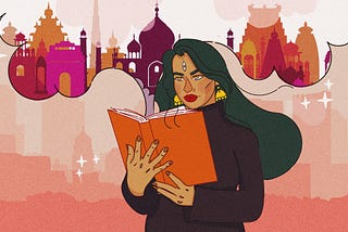 An illustration of a South Asian woman reading a book. A rich landscape of a South Asian city emerges from the book.